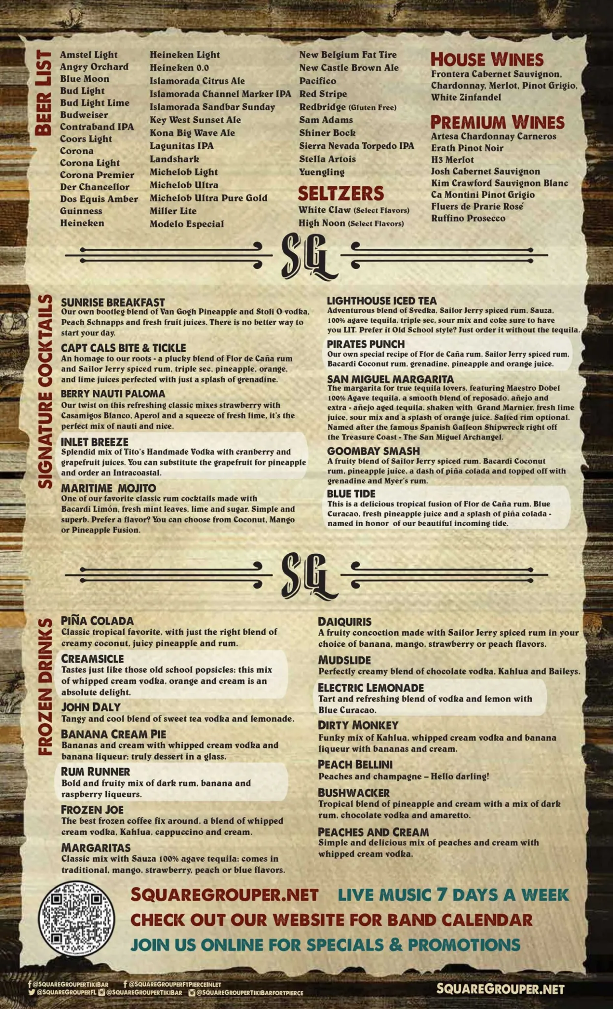 Sample of the Square Grouper Tiki Bar menu
